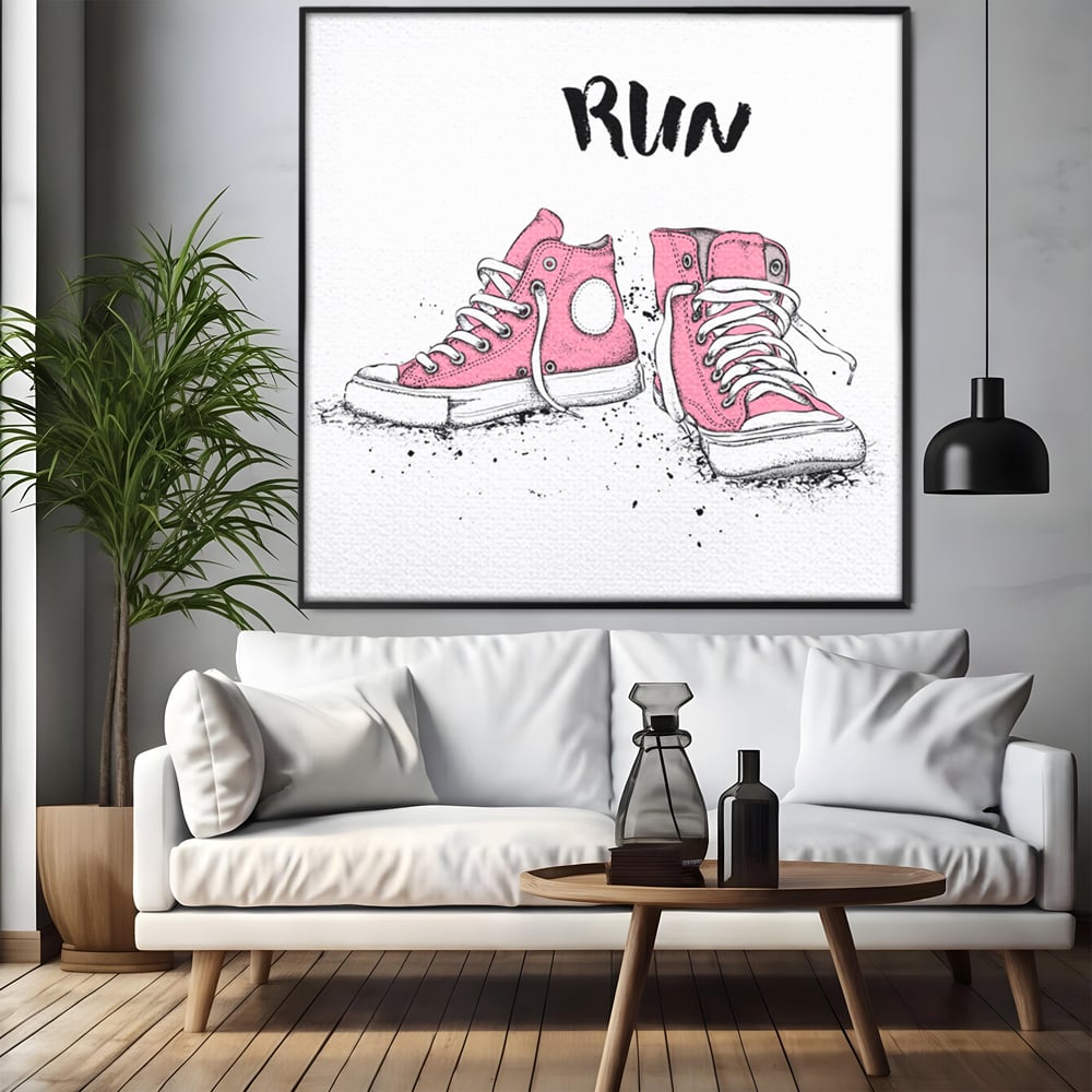 Tablou canvas cu illustratie cu adidasi roz si mesaj, in rama de aluminiu negru, pe perete intr-un living
