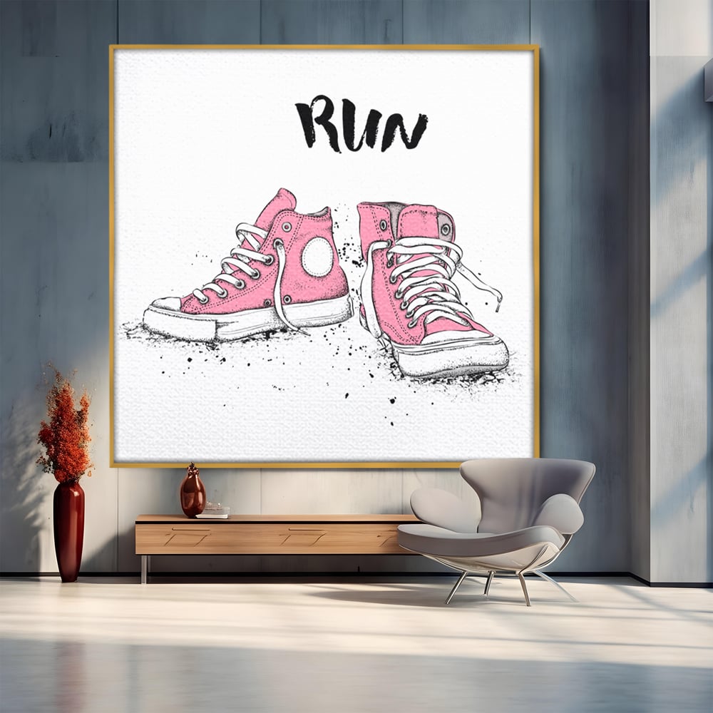 Tablou canvas cu illustratie cu adidasi roz si mesaj, in rama de aluminiu auriu