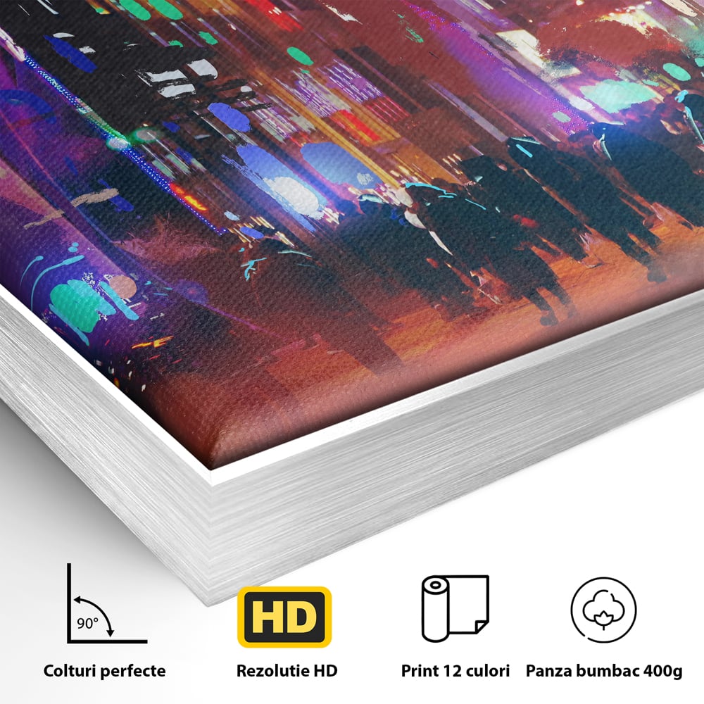 Detaliu al suprafetei: ilustratie digitala cu oras nocturn, in rama de aluminiu argintiu