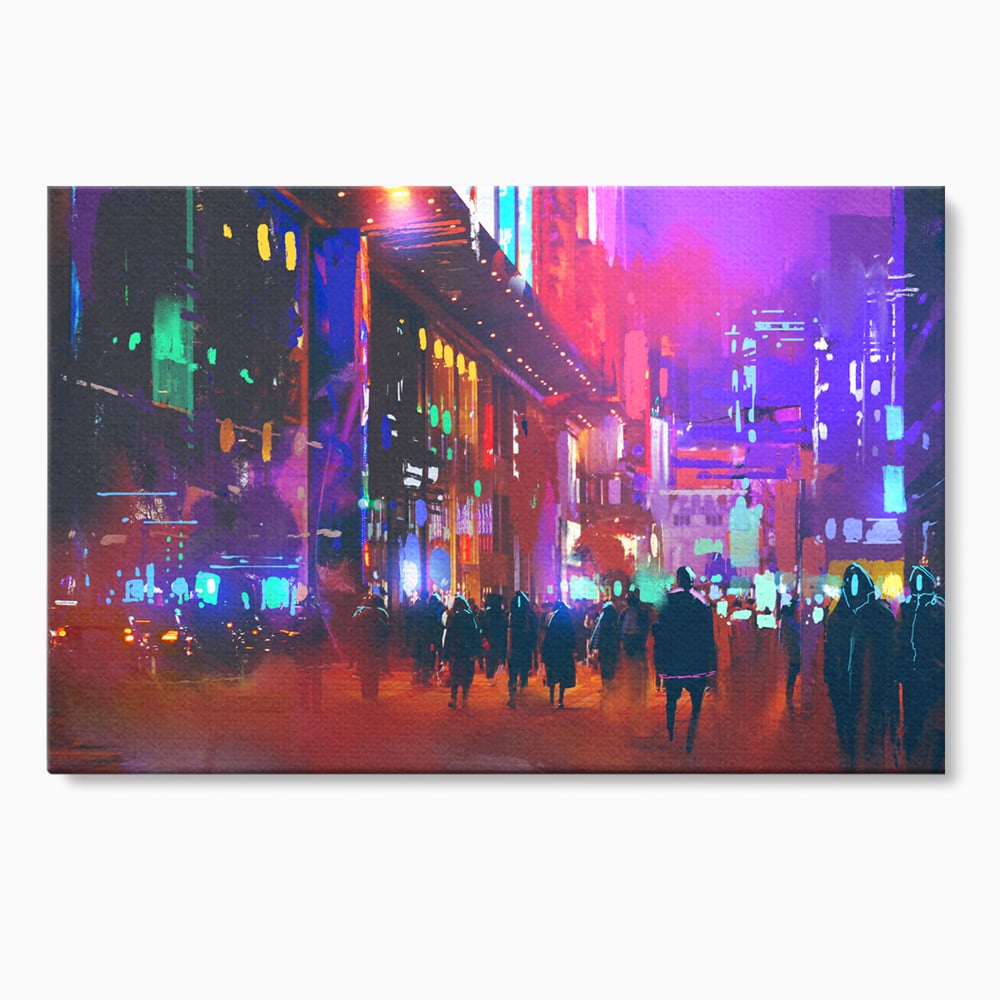 Tablou canvas cu ilustratie digitala cu oras nocturn, fara rama, pe sasiu de lemn