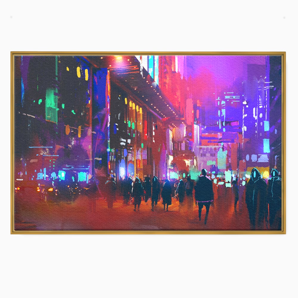 Tablou canvas cu ilustratie digitala cu oras nocturn, in rama de aluminiu auriu