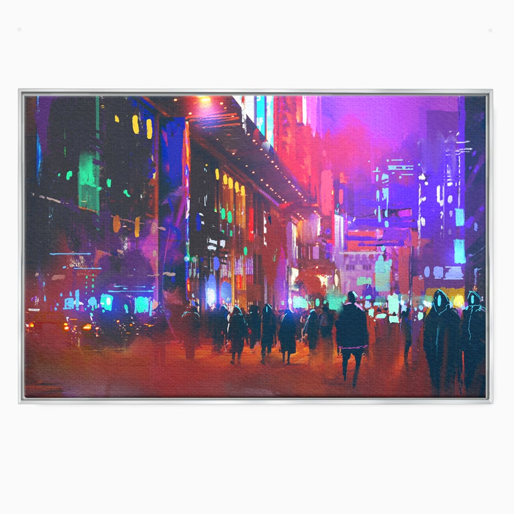 Tablou canvas cu ilustratie digitala cu oras nocturn, in rama de aluminiu argintiu