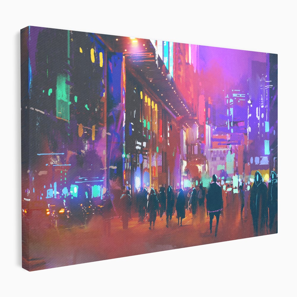 Tablou canvas cu ilustratie digitala cu oras nocturn, fara rama, pe sasiu de lemn