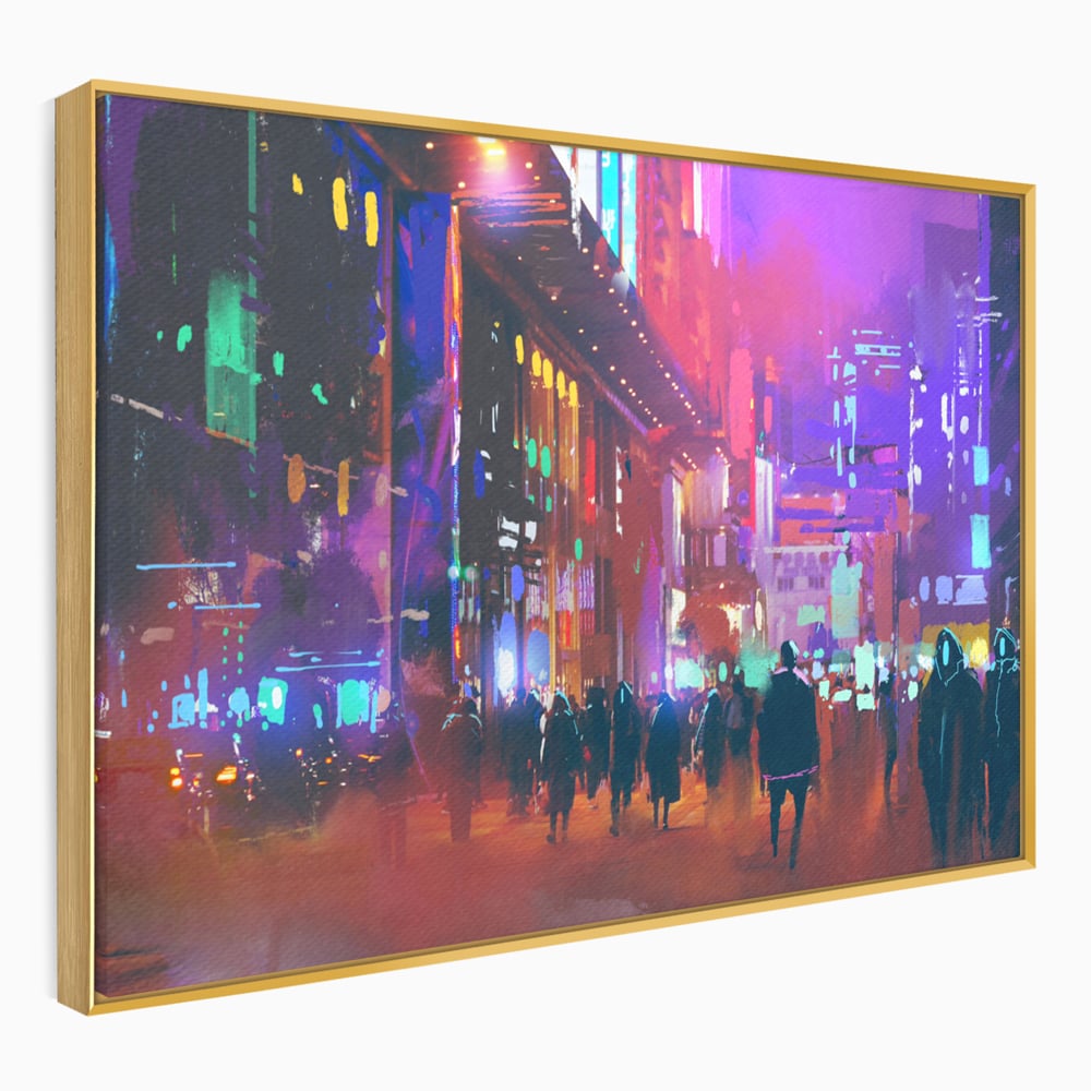 Tablou canvas cu ilustratie digitala cu oras nocturn, in rama de aluminiu auriu