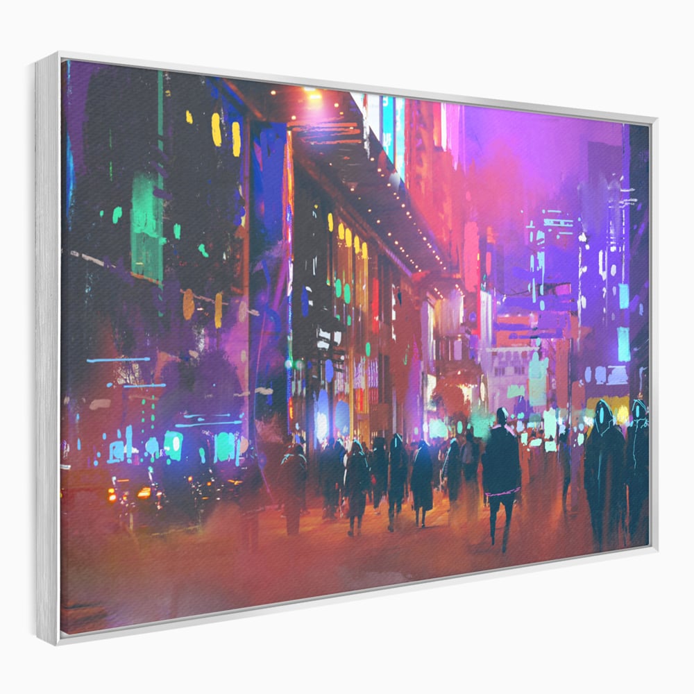Tablou canvas cu ilustratie digitala cu oras nocturn, in rama de aluminiu argintiu