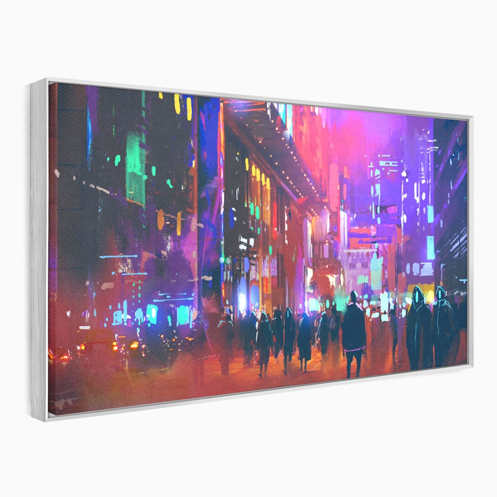 Tablou canvas cu ilustratie digitala cu oras nocturn, in rama de aluminiu argintiu