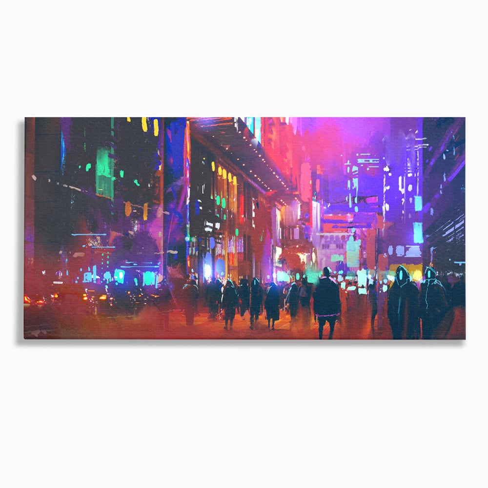 Tablou canvas cu ilustratie digitala cu oras nocturn, fara rama, pe sasiu de lemn