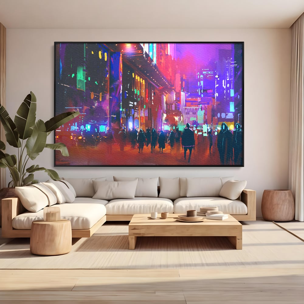 Tablou canvas cu ilustratie digitala cu oras nocturn, in rama de aluminiu negru, pe perete intr-un living