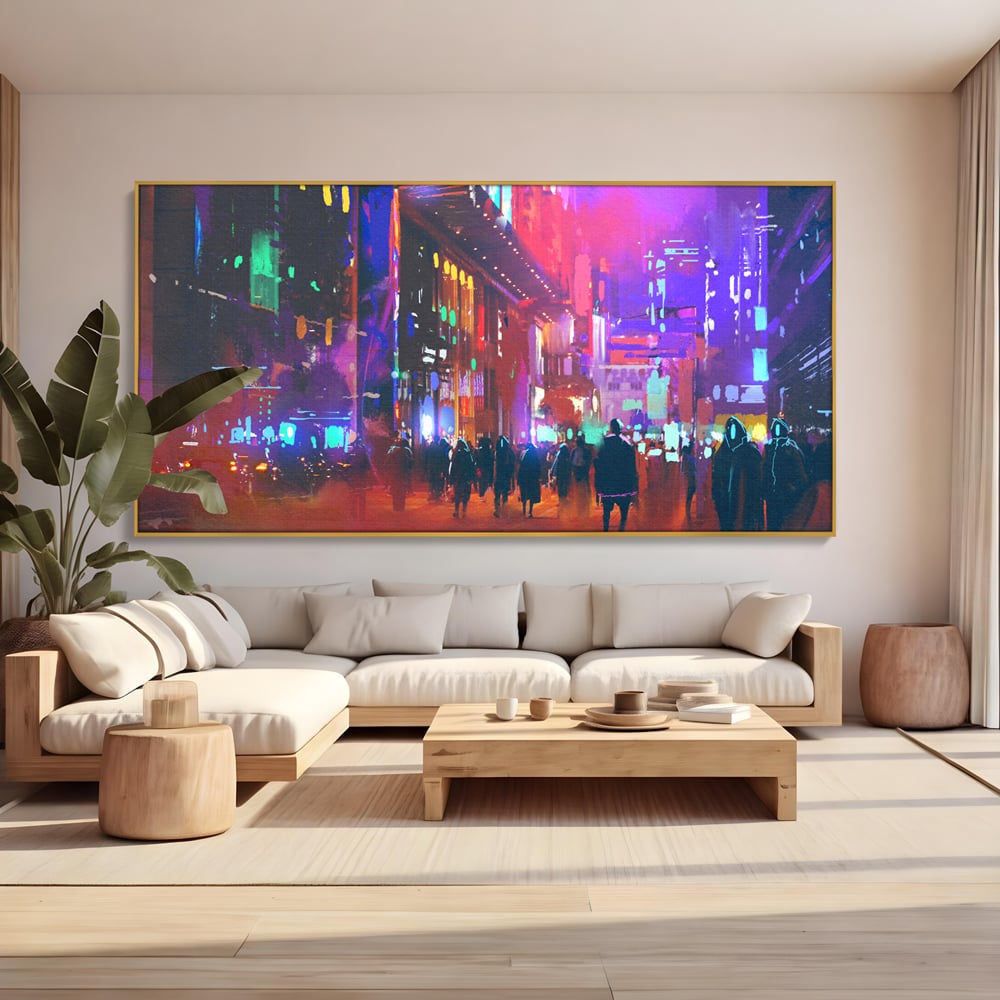 Tablou canvas cu ilustratie digitala cu oras nocturn, in rama de aluminiu auriu, pe perete intr-un living
