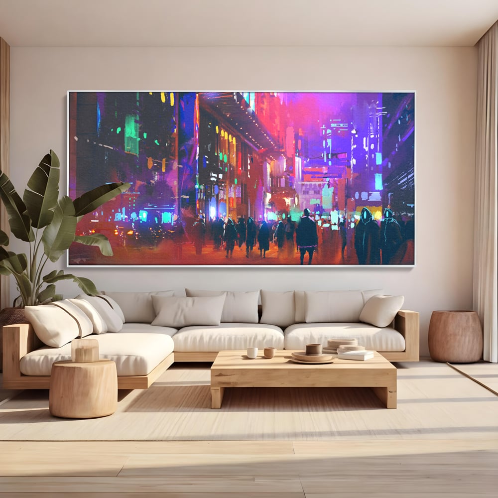 Tablou canvas cu ilustratie digitala cu oras nocturn, in rama de aluminiu argintiu, pe perete intr-un living