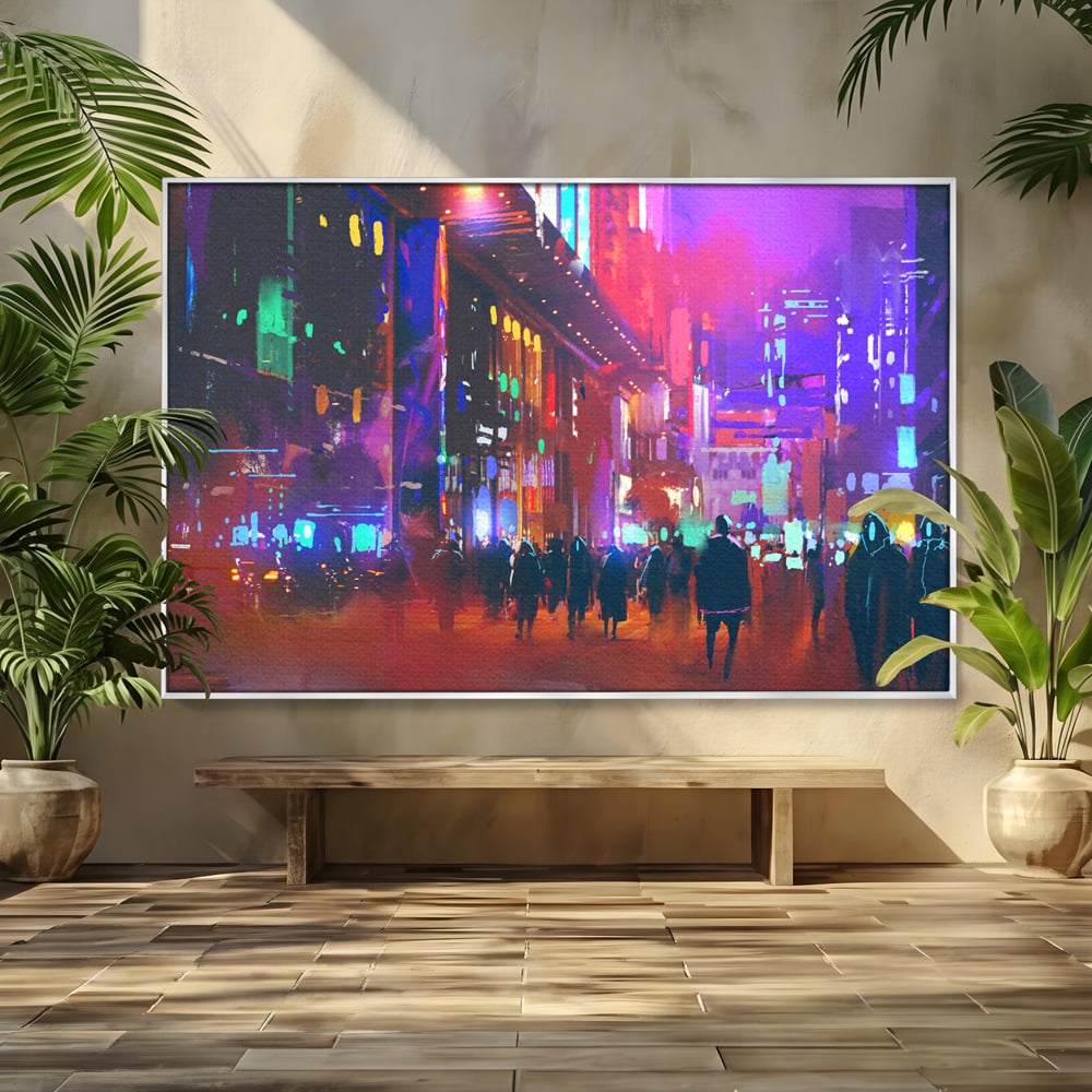 Tablou canvas cu ilustratie digitala cu oras nocturn, in rama de aluminiu argintiu