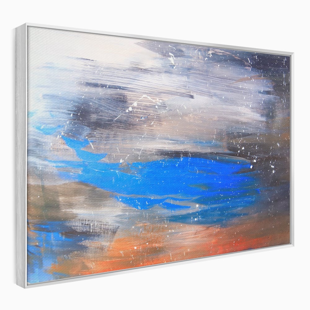 Tablou canvas cu pictura abstracta cu pete albastre, in rama de aluminiu argintiu
