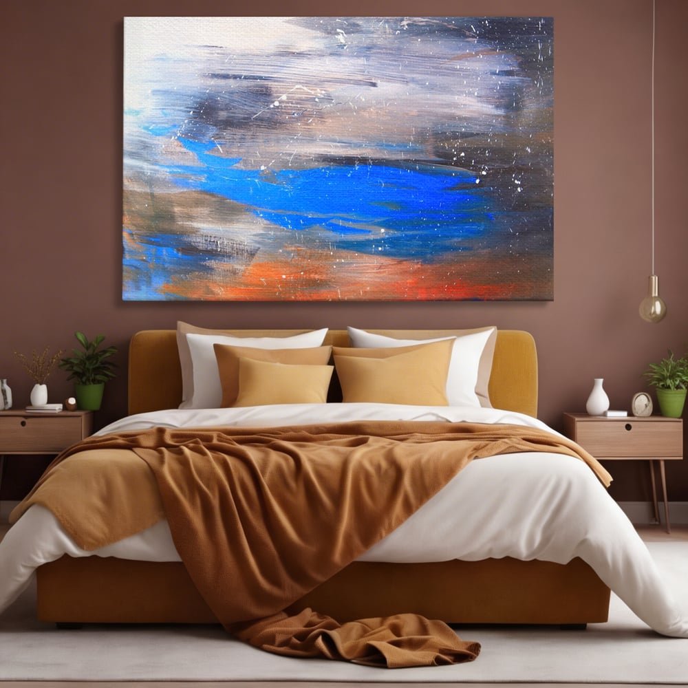 Tablou canvas cu pictura abstracta cu pete albastre, fara rama, pe sasiu de lemn, pe perete intr-un dormitor