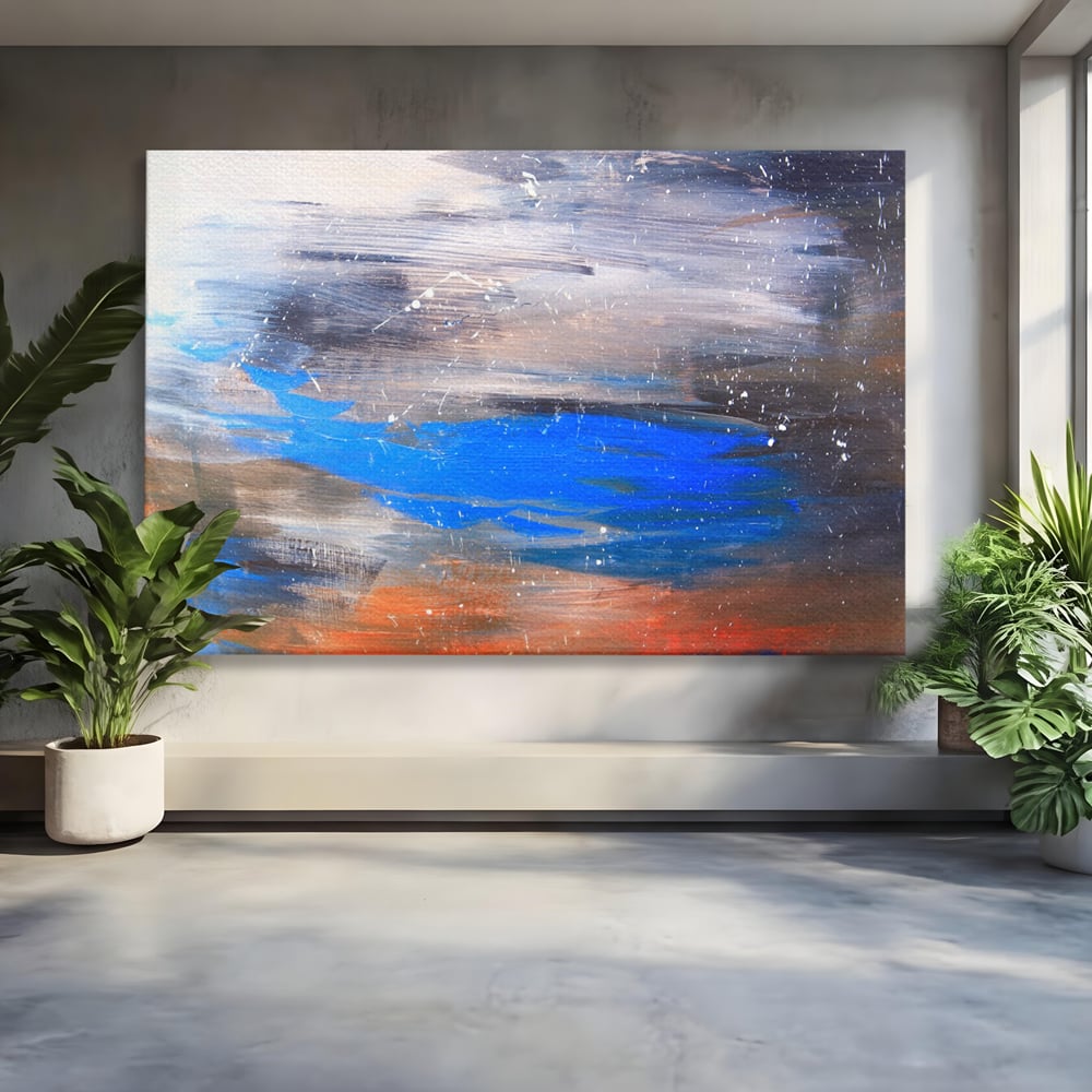Tablou canvas cu pictura abstracta cu pete albastre, fara rama, pe sasiu de lemn