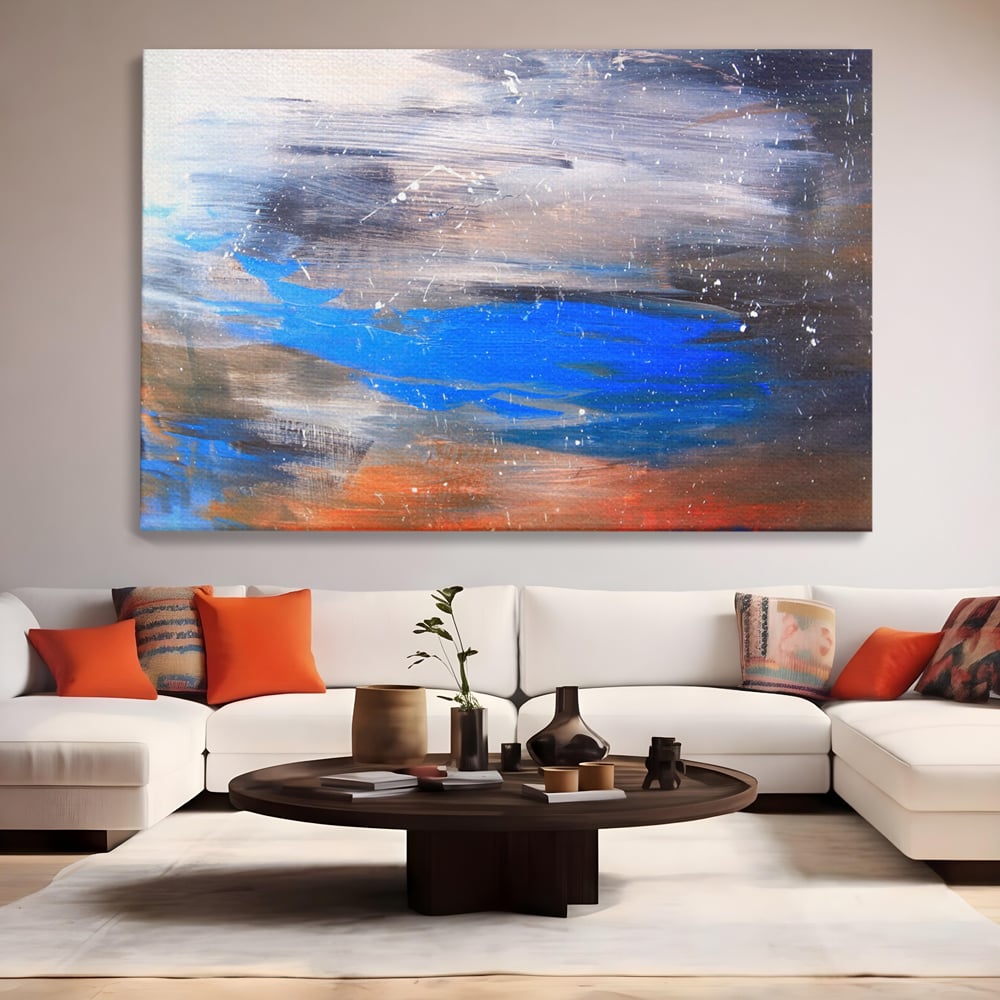 Tablou canvas cu pictura abstracta cu pete albastre, fara rama, pe sasiu de lemn, pe perete intr-un living