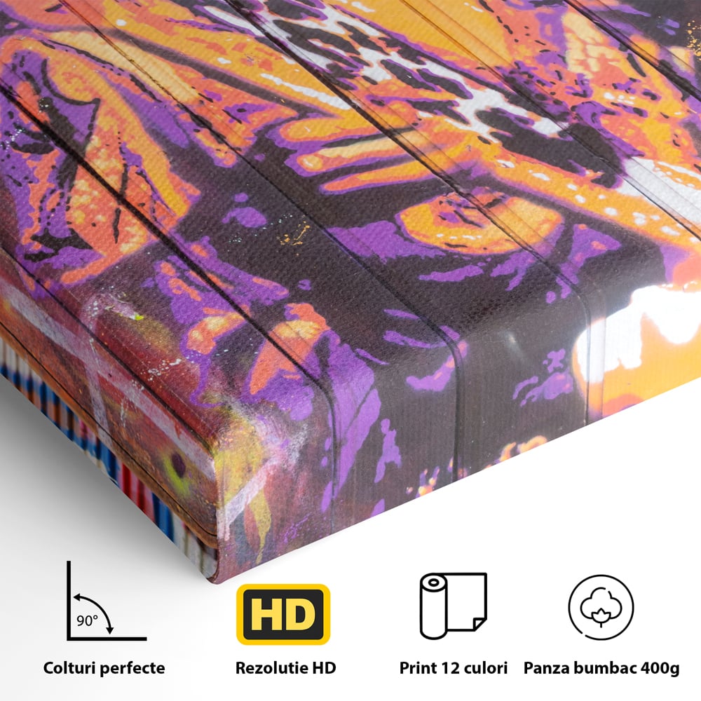 Detaliu al suprafetei: tablou canvas cu jimi hendrix cantand la chitara, fara rama, pe sasiu de lemn