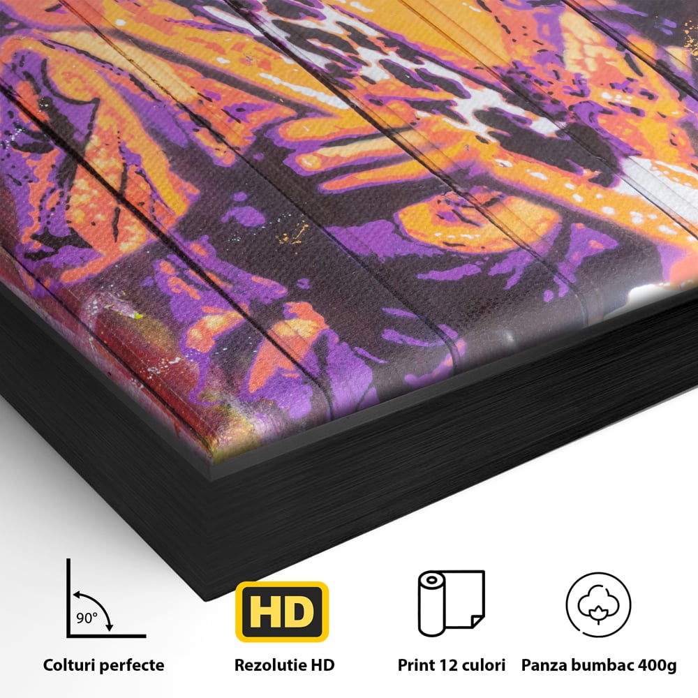 Detaliu al suprafetei: tablou canvas cu jimi hendrix cantand la chitara, in rama de aluminiu negru