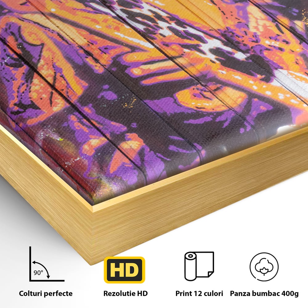 Detaliu al suprafetei: tablou canvas cu jimi hendrix cantand la chitara, in rama de aluminiu auriu