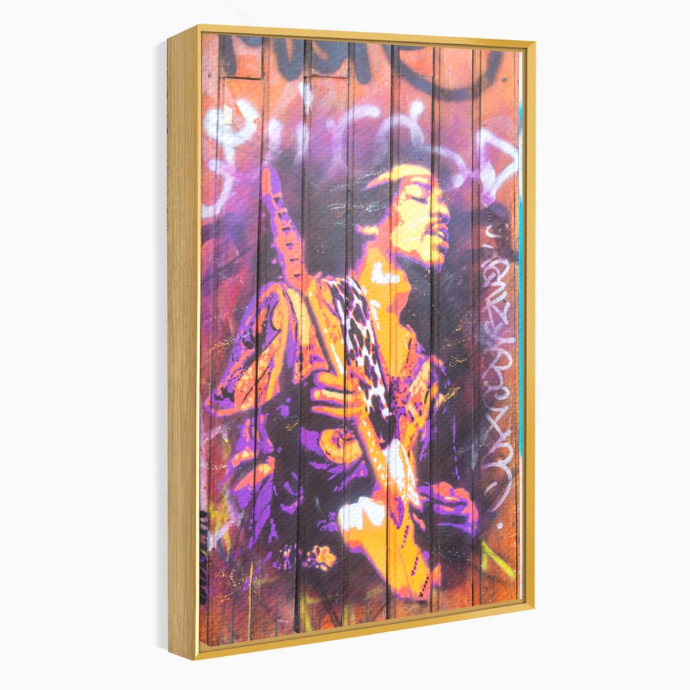 Tablou canvas cu tablou canvas cu jimi hendrix cantand la chitara, in rama de aluminiu auriu