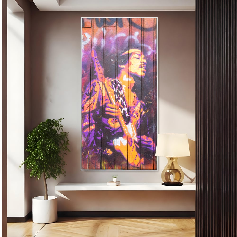 Tablou canvas cu tablou canvas cu jimi hendrix cantand la chitara, in rama de aluminiu argintiu