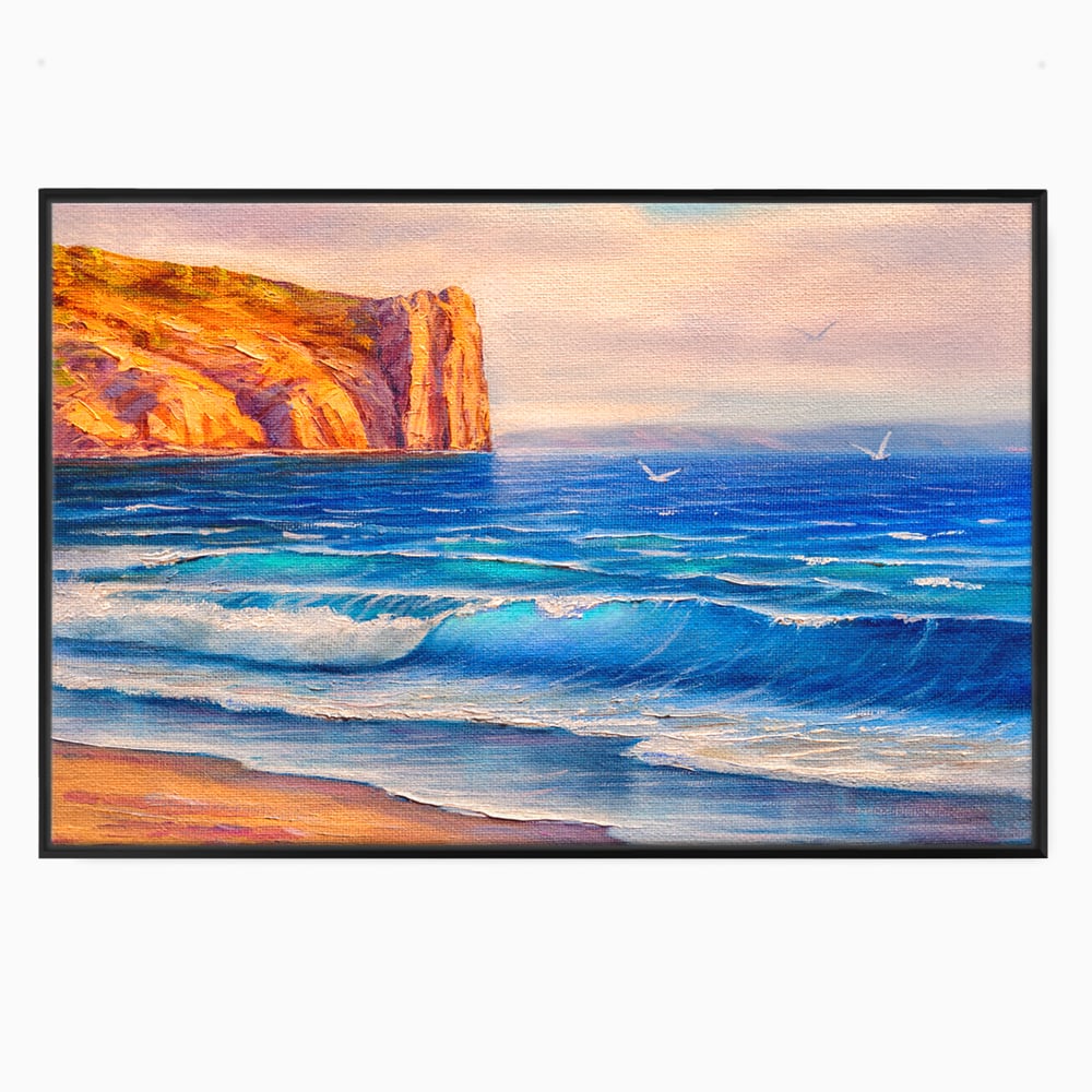 Tablou canvas cu pictura cu stanca pe malul marii, in rama de aluminiu negru
