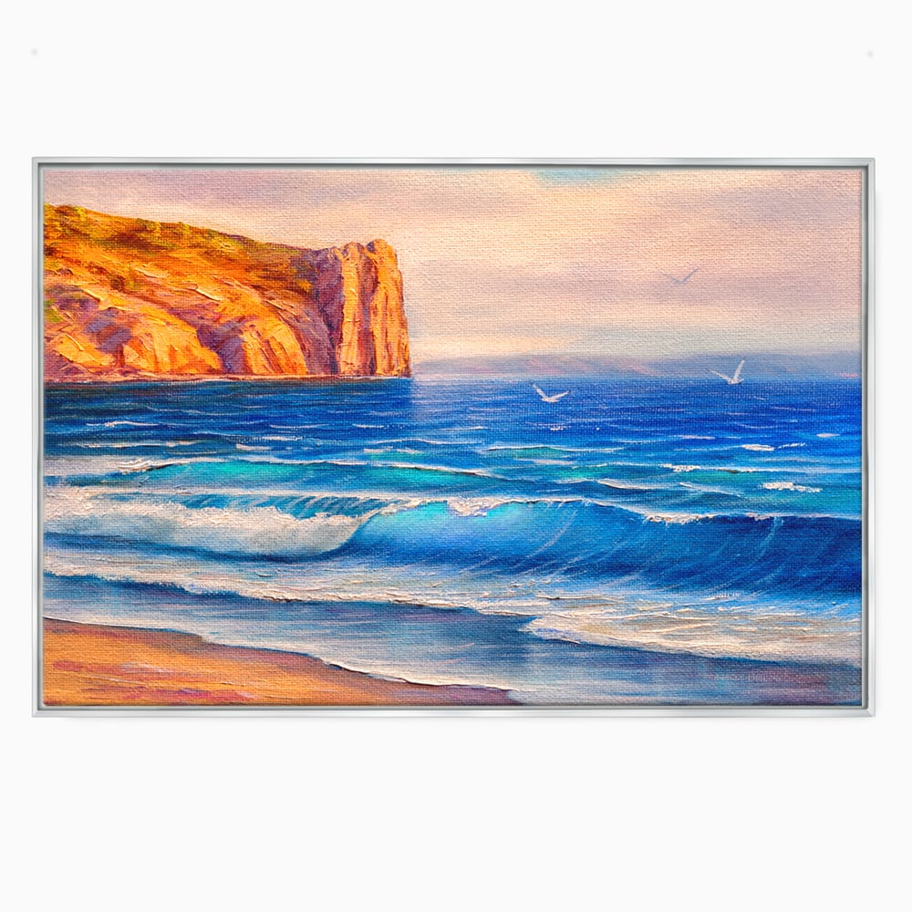 Tablou canvas cu pictura cu stanca pe malul marii, in rama de aluminiu argintiu