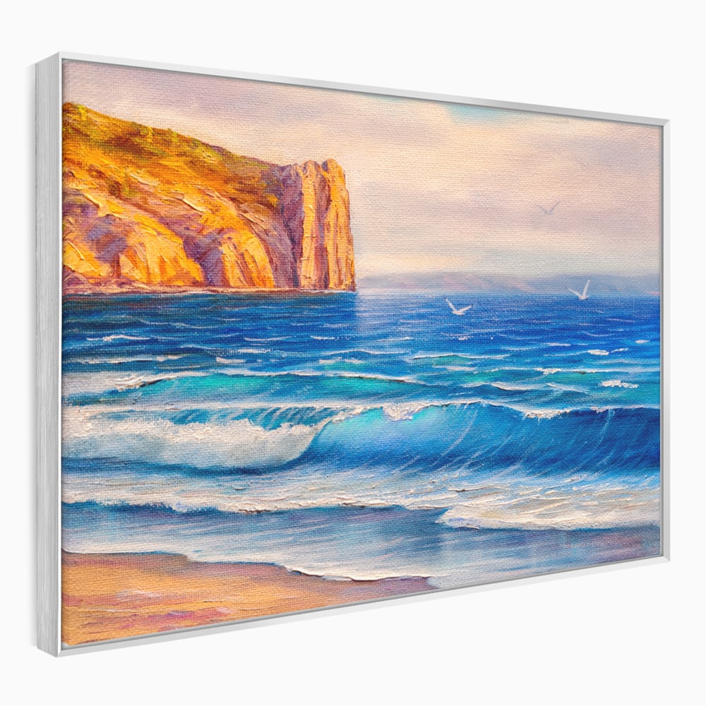 Tablou canvas cu pictura cu stanca pe malul marii, in rama de aluminiu argintiu