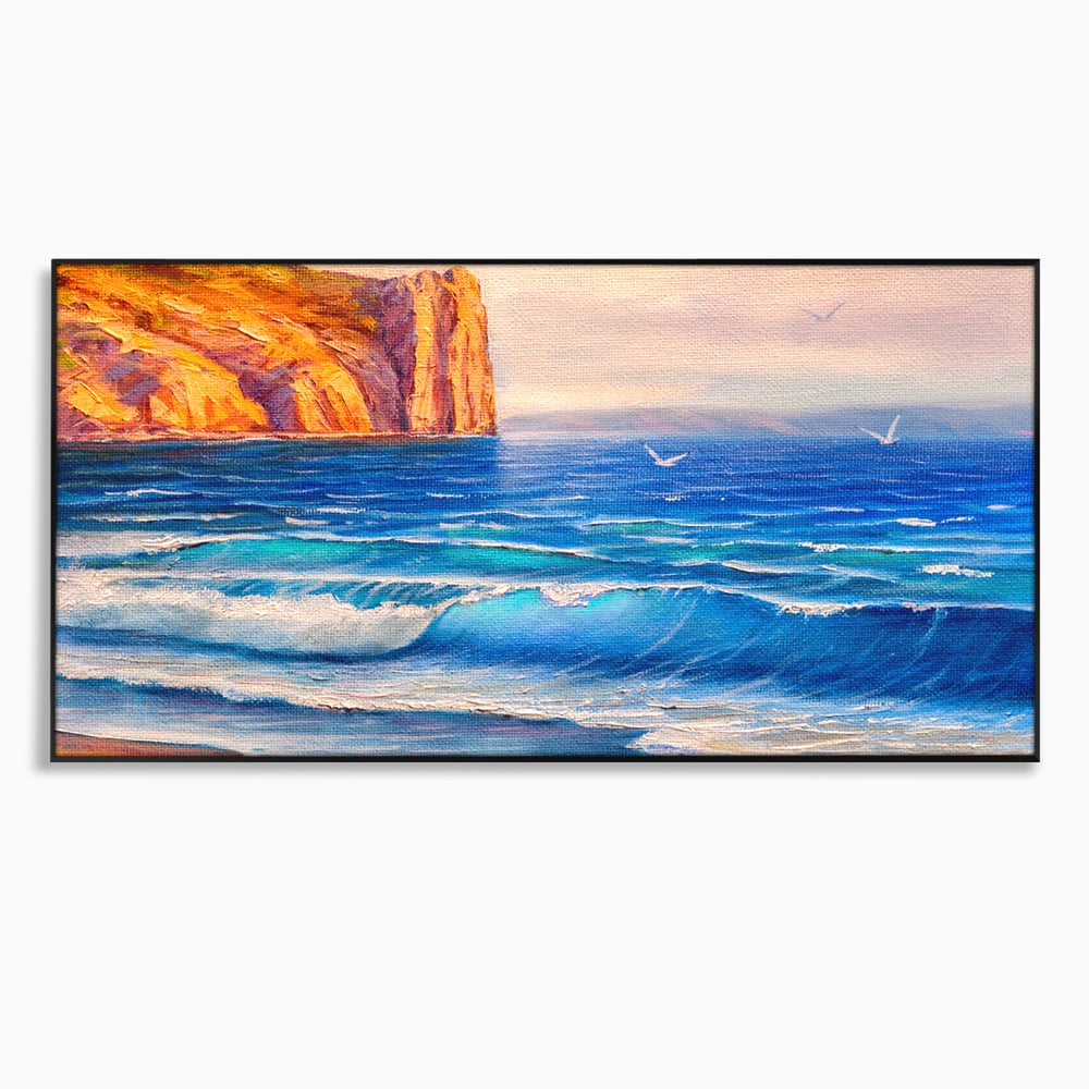 Tablou canvas cu pictura cu stanca pe malul marii, in rama de aluminiu negru