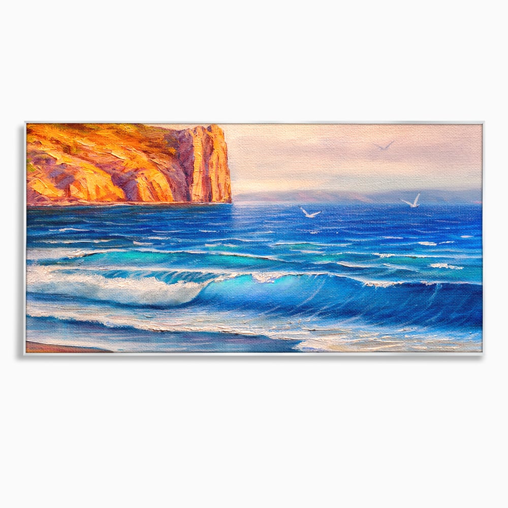 Tablou canvas cu pictura cu stanca pe malul marii, in rama de aluminiu argintiu