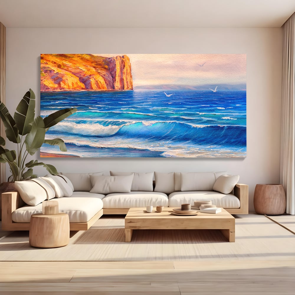 Tablou canvas cu pictura cu stanca pe malul marii, fara rama, pe sasiu de lemn, pe perete intr-un living