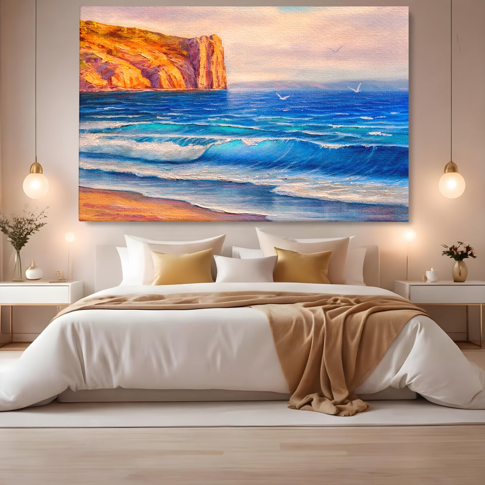 Tablou canvas cu pictura cu stanca pe malul marii, fara rama, pe sasiu de lemn, pe perete intr-un dormitor