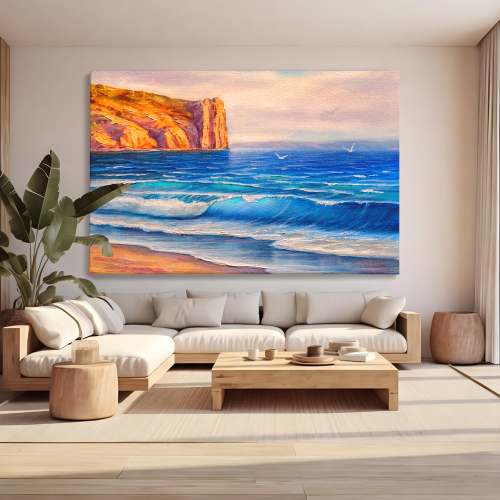 Tablou canvas cu pictura cu stanca pe malul marii, fara rama, pe sasiu de lemn, pe perete intr-un living