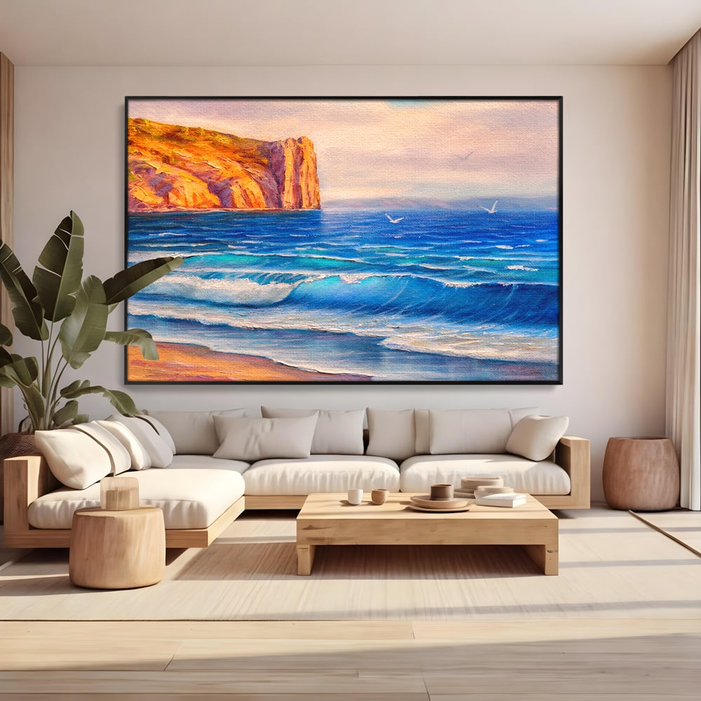 Tablou canvas cu pictura cu stanca pe malul marii, in rama de aluminiu negru, pe perete intr-un living