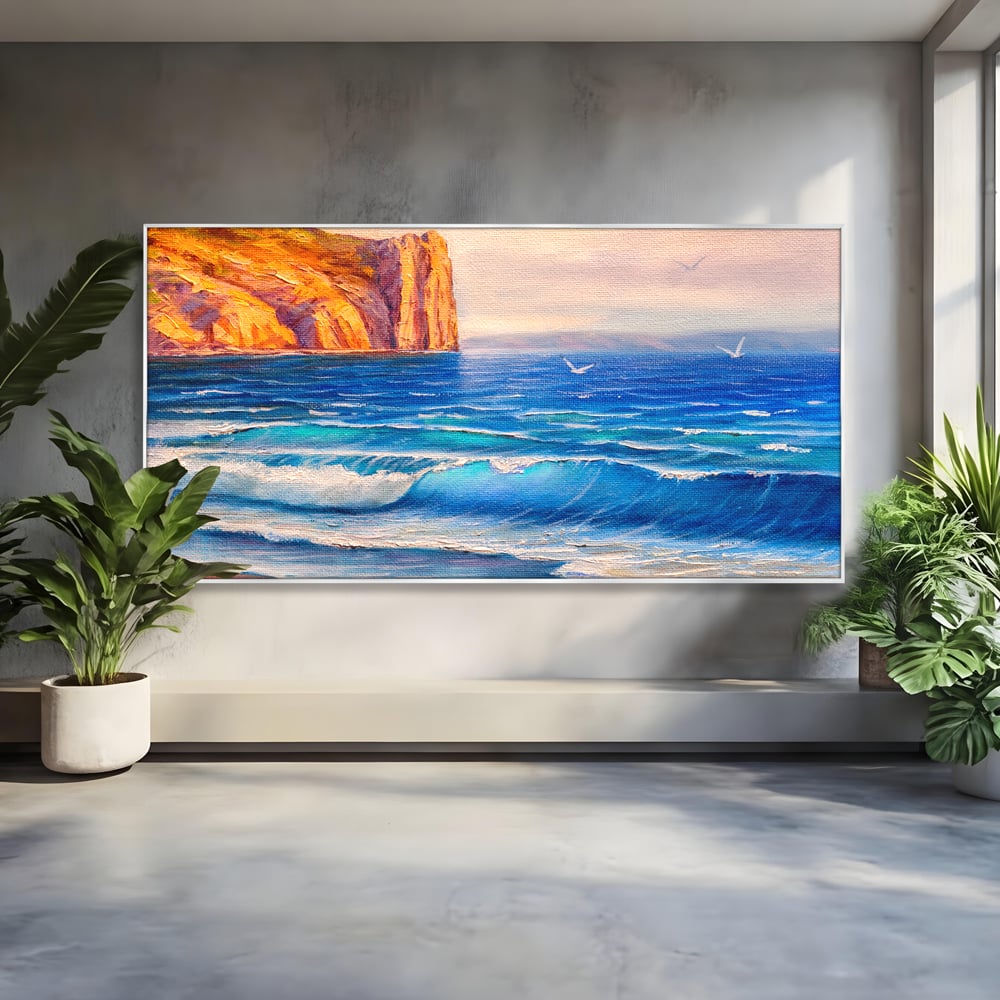 Tablou canvas cu pictura cu stanca pe malul marii, in rama de aluminiu argintiu