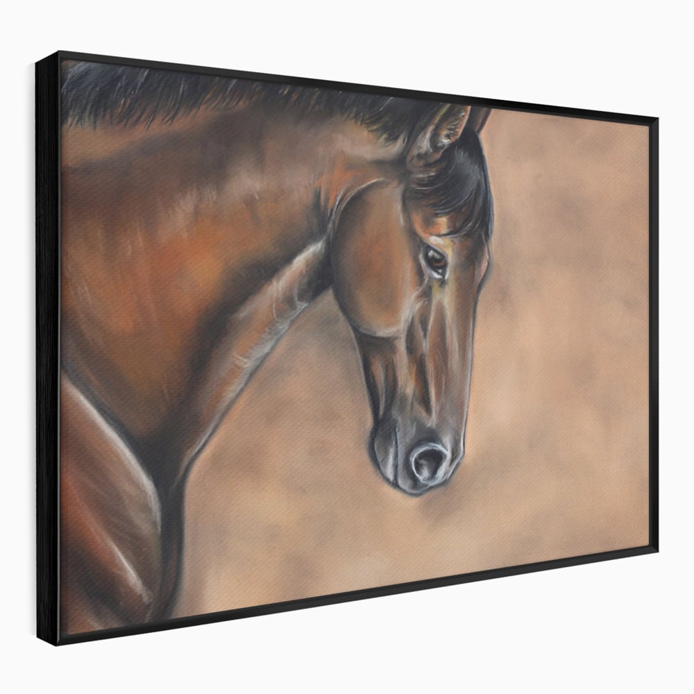 Tablou canvas cu tablou canvas cu portret de cal, in rama de aluminiu negru