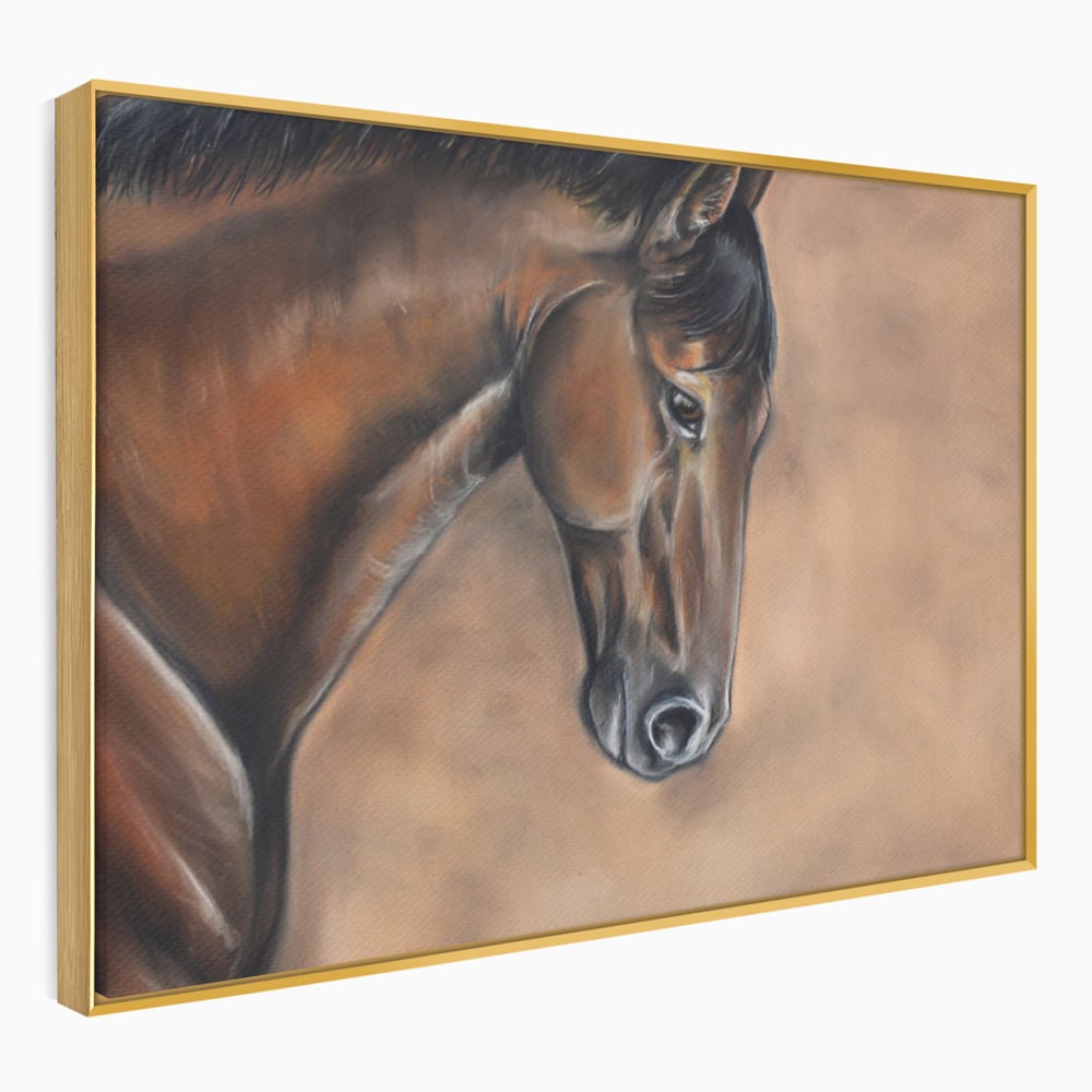Tablou canvas cu tablou canvas cu portret de cal, in rama de aluminiu auriu