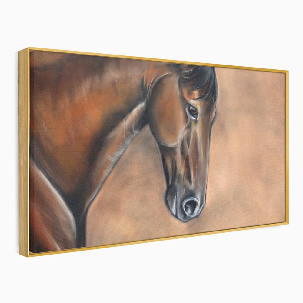 Tablou canvas cu tablou canvas cu portret de cal, in rama de aluminiu auriu
