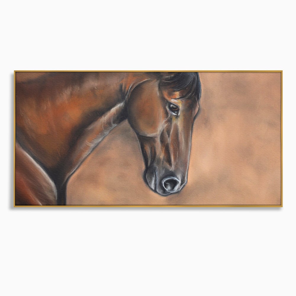 Tablou canvas cu tablou canvas cu portret de cal, in rama de aluminiu auriu