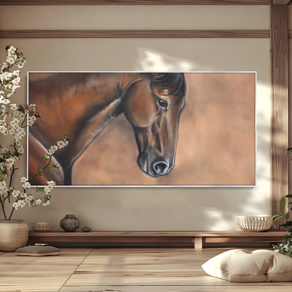 Tablou canvas cu tablou canvas cu portret de cal, in rama de aluminiu argintiu