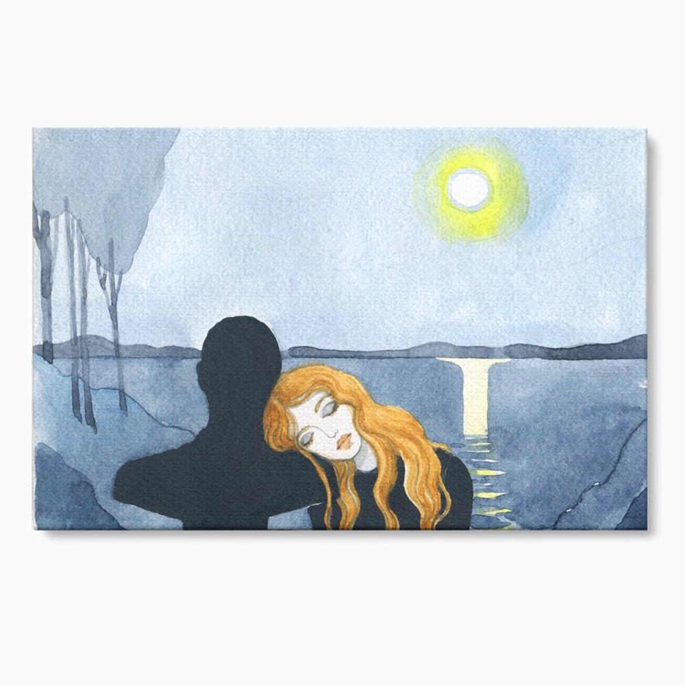 Tablou canvas cu pictura cu un cuplu langa lac, fara rama, pe sasiu de lemn