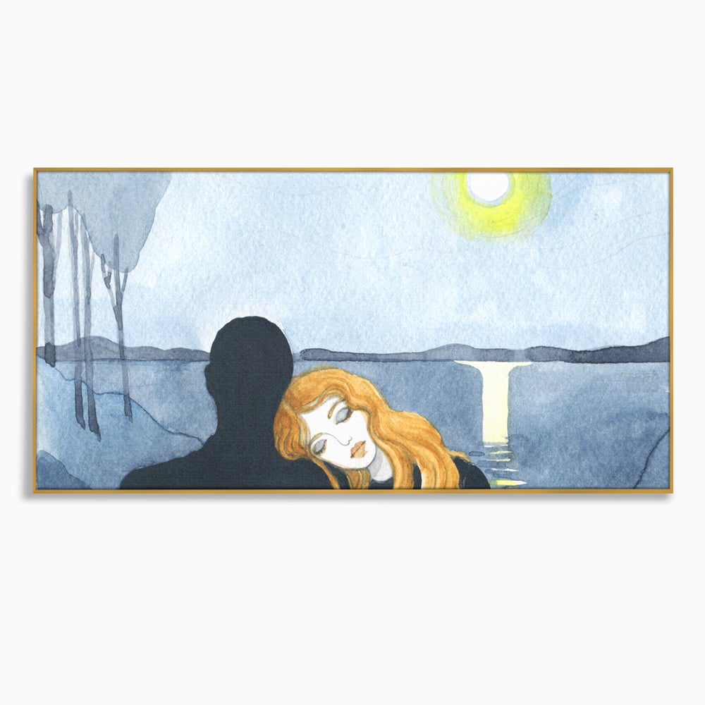 Tablou canvas cu pictura cu un cuplu langa lac, in rama de aluminiu auriu