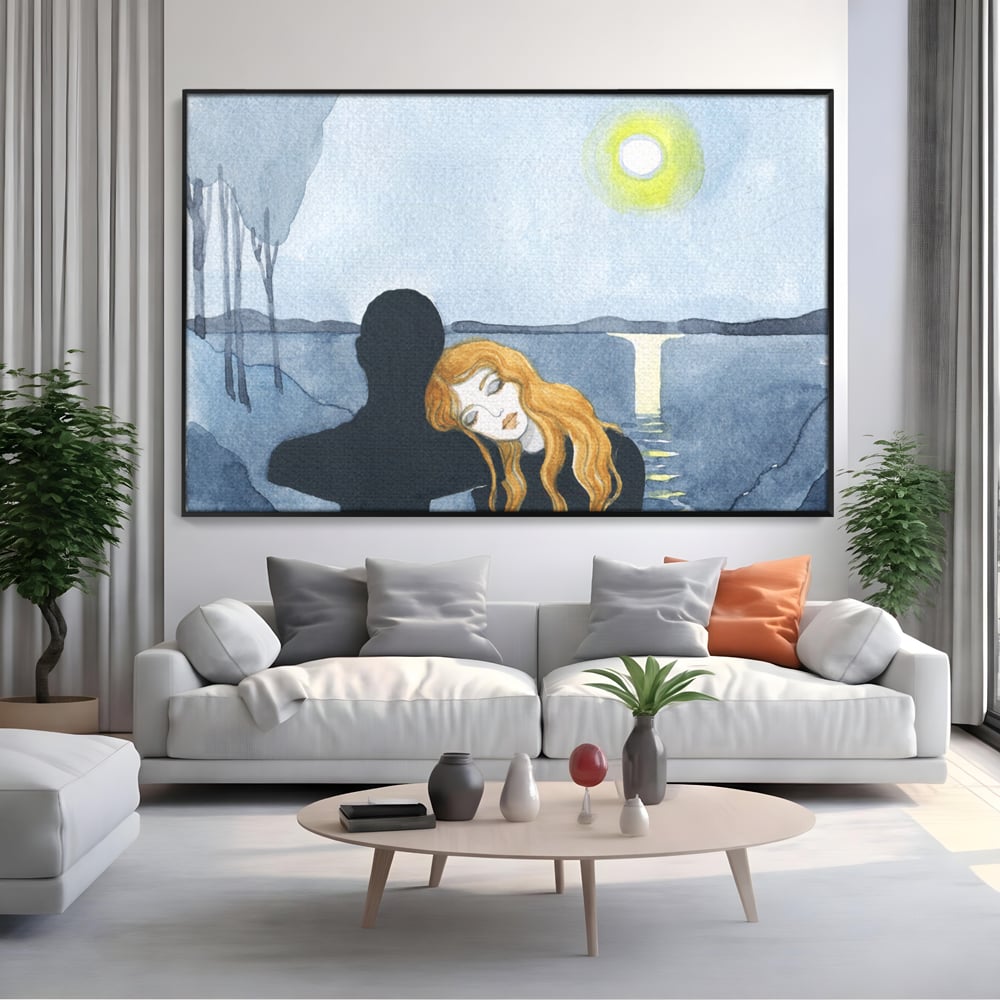 Tablou canvas cu pictura cu un cuplu langa lac, in rama de aluminiu negru, pe perete intr-un living