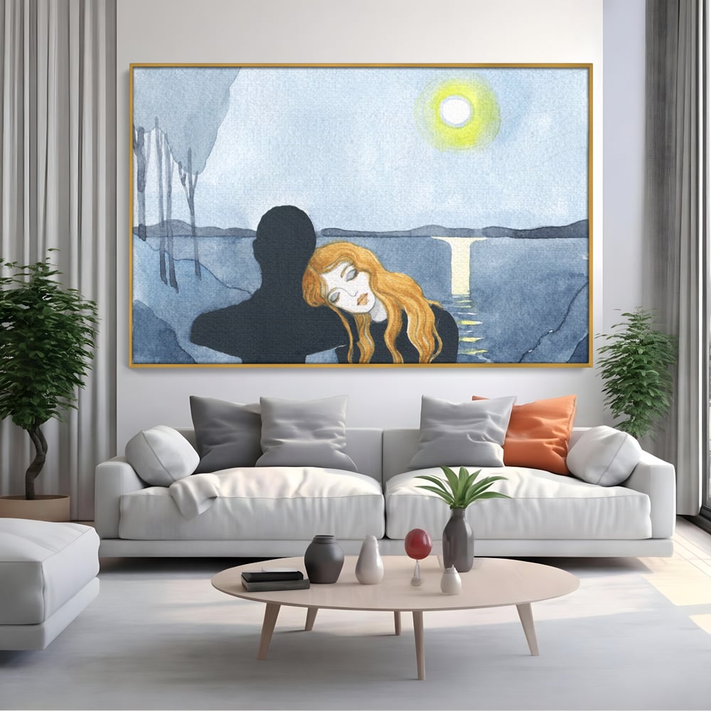 Tablou canvas cu pictura cu un cuplu langa lac, in rama de aluminiu auriu, pe perete intr-un living