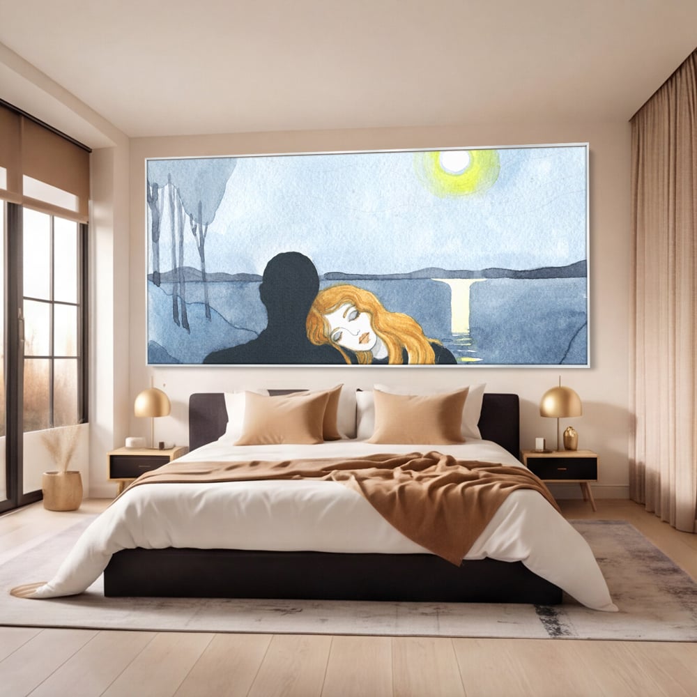 Tablou canvas cu pictura cu un cuplu langa lac, in rama de aluminiu argintiu, pe perete intr-un dormitor