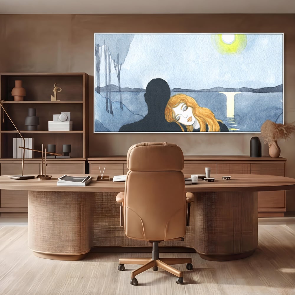 Tablou canvas cu pictura cu un cuplu langa lac, in rama de aluminiu argintiu, pe perete intr-un birou