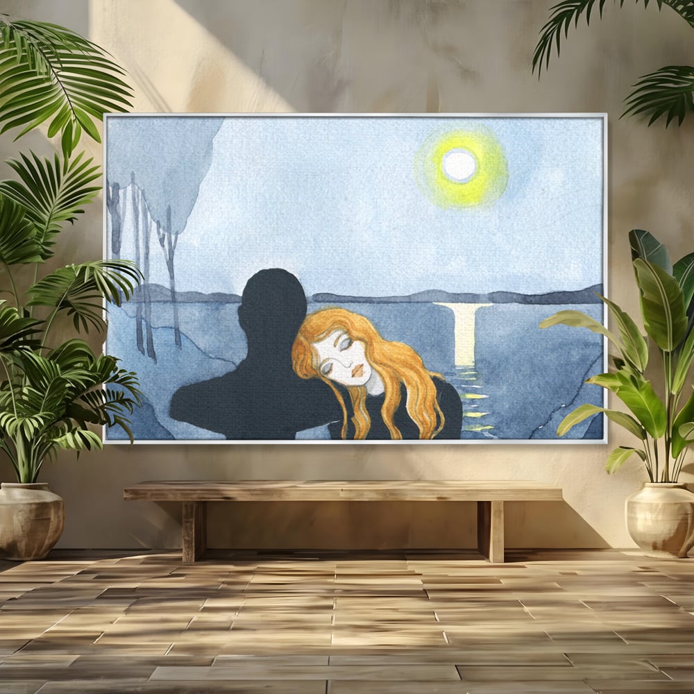 Tablou canvas cu pictura cu un cuplu langa lac, in rama de aluminiu argintiu