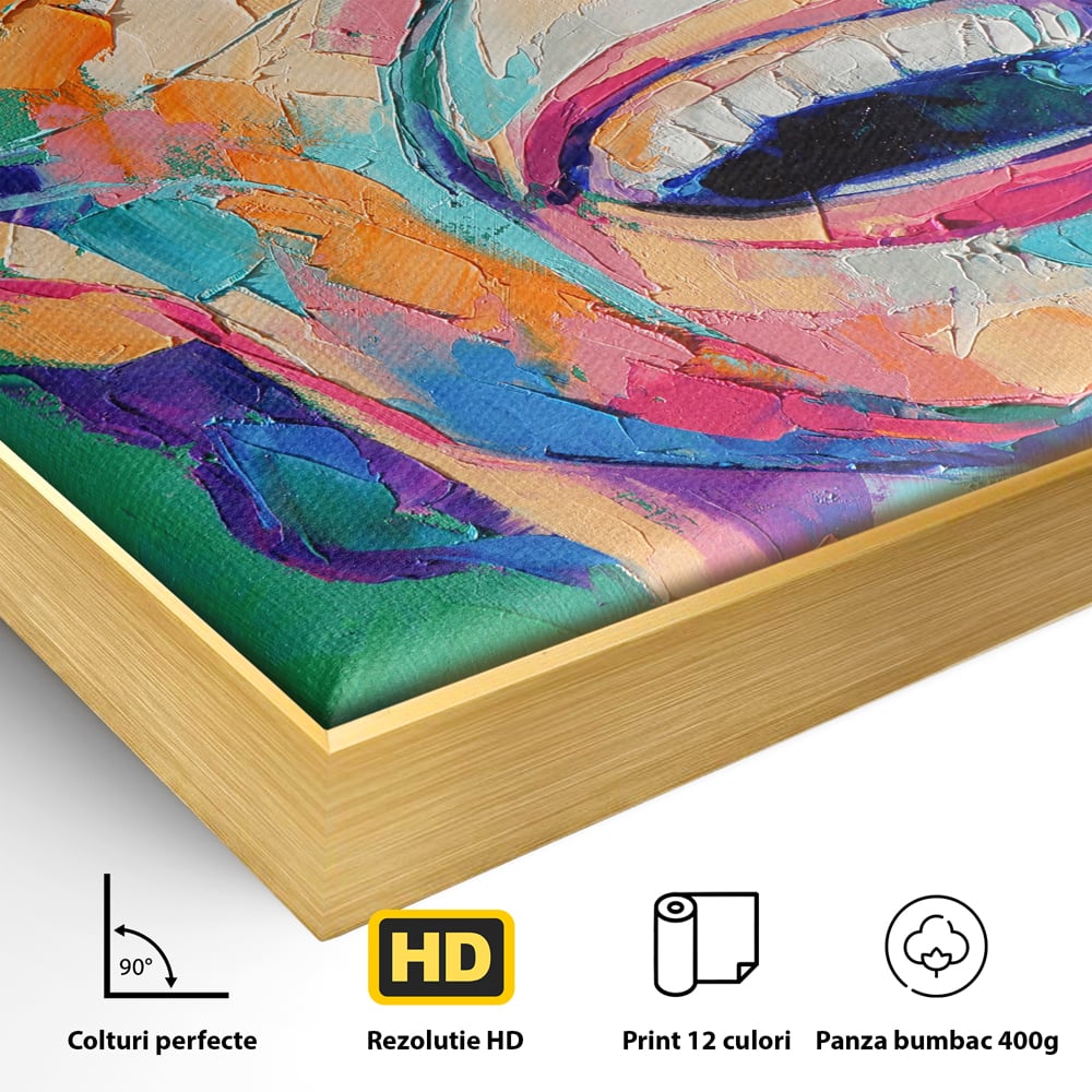 Detaliu al suprafetei: tablou canvas cu fata zambind colorata, in rama de aluminiu auriu