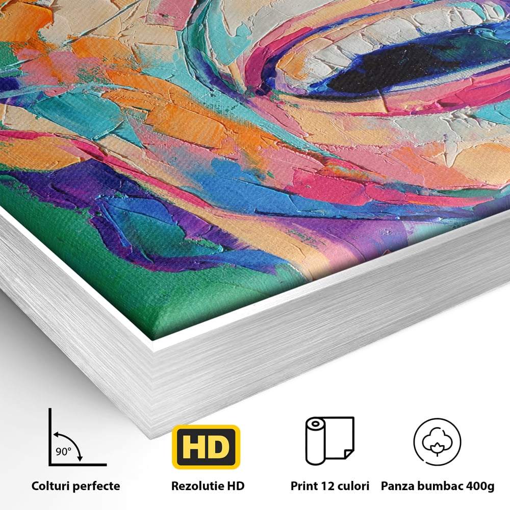 Detaliu al suprafetei: tablou canvas cu fata zambind colorata, in rama de aluminiu argintiu