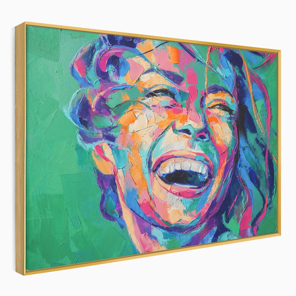 Tablou canvas cu tablou canvas cu fata zambind colorata, in rama de aluminiu auriu