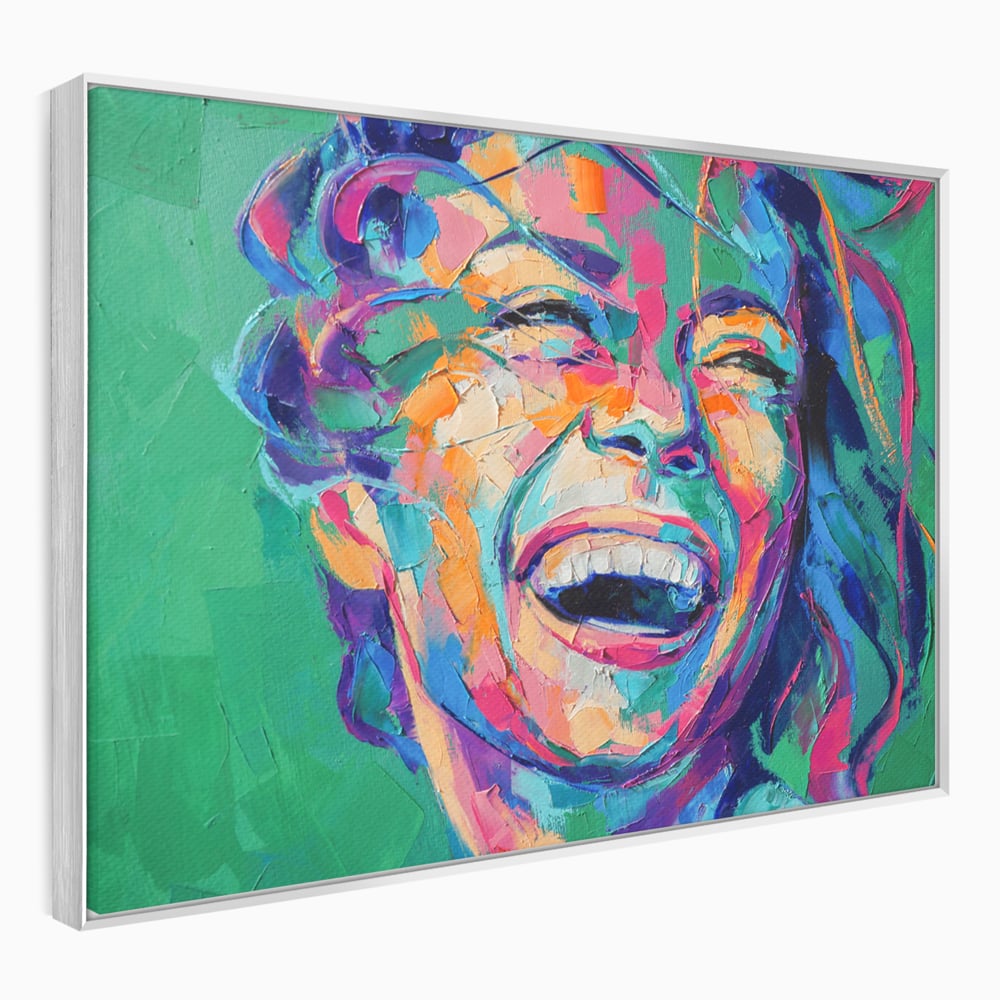 Tablou canvas cu tablou canvas cu fata zambind colorata, in rama de aluminiu argintiu